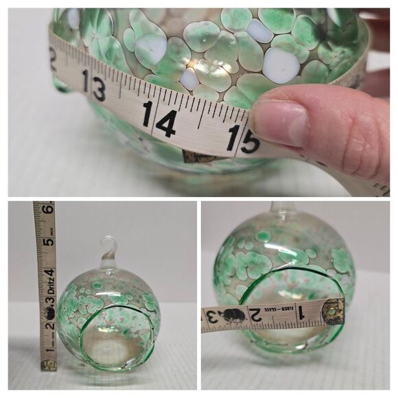 Hand-blown Fused Glass Tea Light Hanging Candle Holder Green/White - Picture 8 of 9